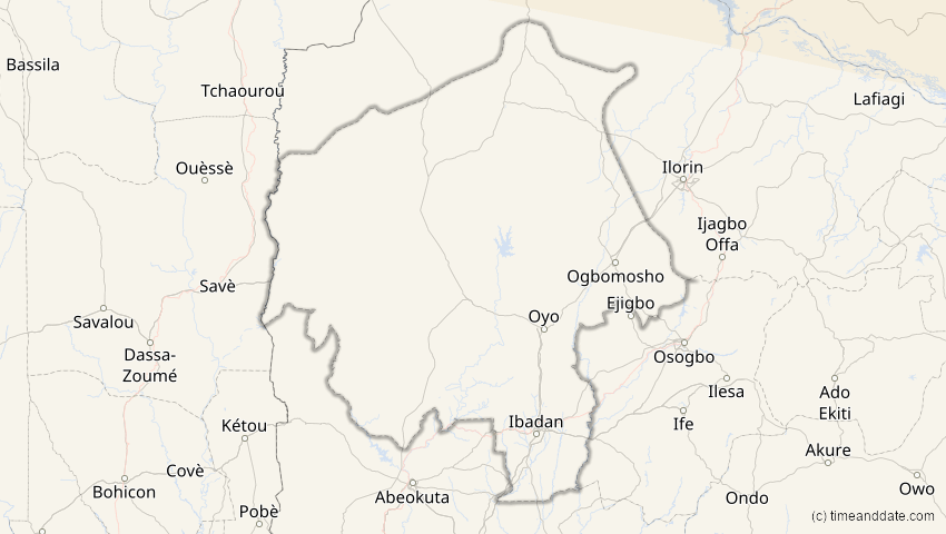 A map of Oyo, Nigeria, showing the path of the 12. Sep 2053 Totale Sonnenfinsternis