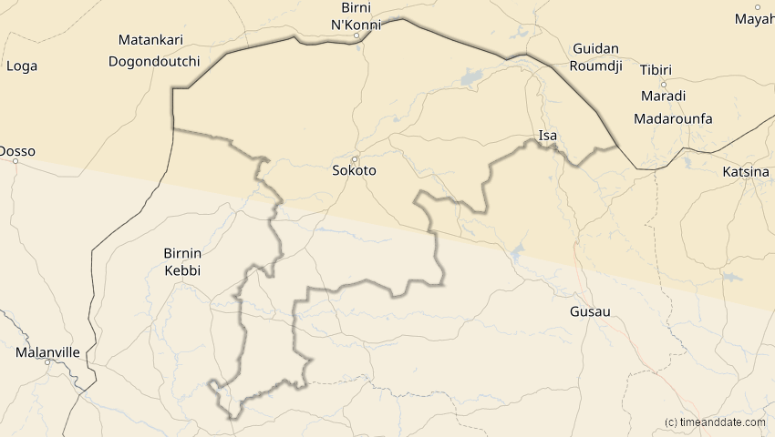 A map of Sokoto, Nigeria, showing the path of the 12. Sep 2053 Totale Sonnenfinsternis