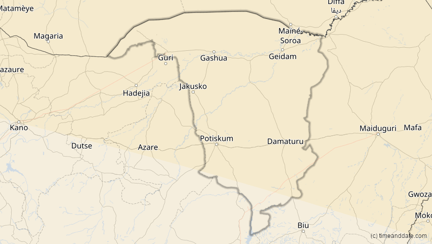 A map of Yobe, Nigeria, showing the path of the 12. Sep 2053 Totale Sonnenfinsternis