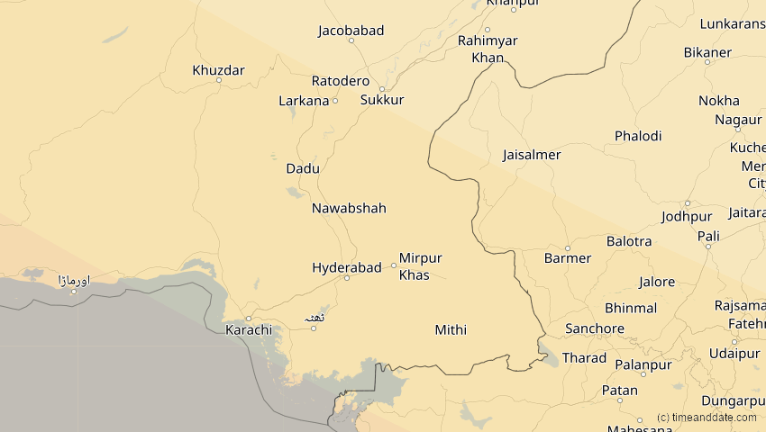 A map of Sindh, Pakistan, showing the path of the 12. Sep 2053 Totale Sonnenfinsternis