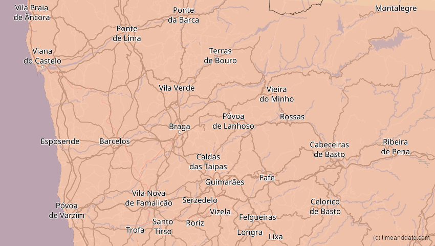 A map of Braga, Portugal, showing the path of the 12. Sep 2053 Totale Sonnenfinsternis