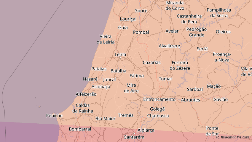 A map of Leiria, Portugal, showing the path of the 12. Sep 2053 Totale Sonnenfinsternis