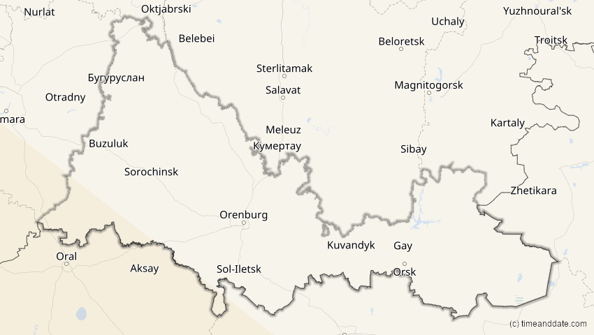 A map of Orenburg, Russland, showing the path of the 12. Sep 2053 Totale Sonnenfinsternis