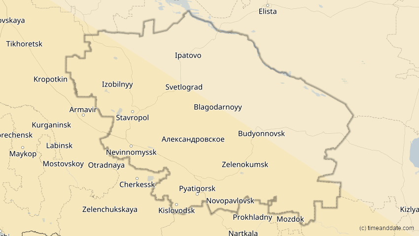 A map of Stawropol, Russland, showing the path of the 12. Sep 2053 Totale Sonnenfinsternis