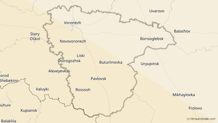 A map of Woronesch, Russland, showing the path of the 12. Sep 2053 Totale Sonnenfinsternis
