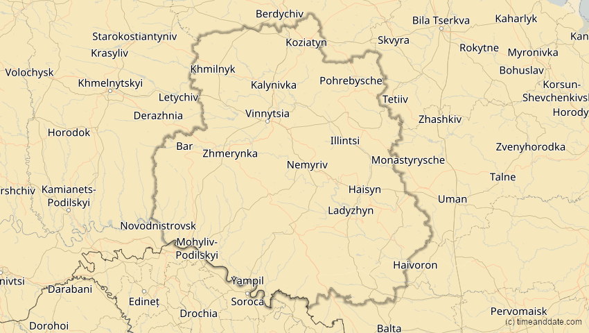 A map of Winnyzja, Ukraine, showing the path of the 12. Sep 2053 Totale Sonnenfinsternis