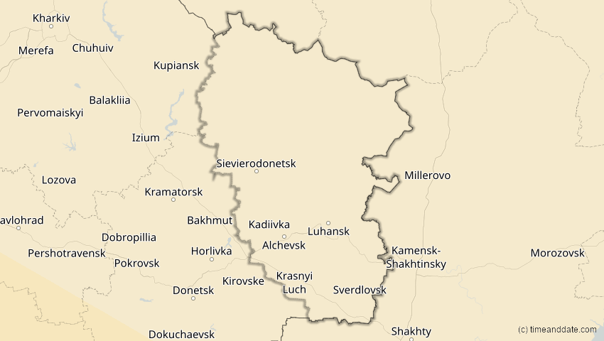 A map of Luhansk, Ukraine, showing the path of the 12. Sep 2053 Totale Sonnenfinsternis