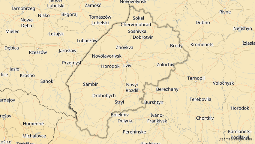 A map of Lwiw, Ukraine, showing the path of the 12. Sep 2053 Totale Sonnenfinsternis