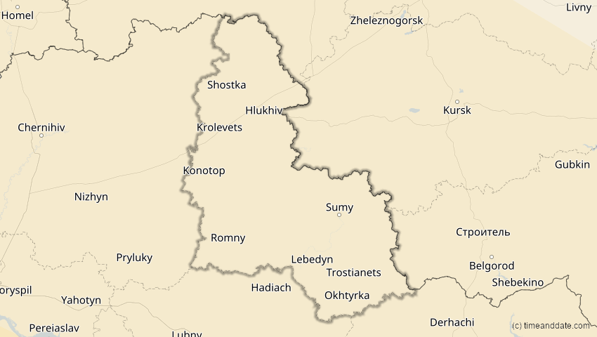 A map of Sumy, Ukraine, showing the path of the 12. Sep 2053 Totale Sonnenfinsternis