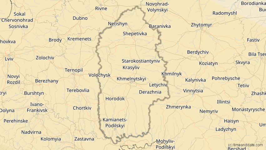 A map of Chmelnyzkyj, Ukraine, showing the path of the 12. Sep 2053 Totale Sonnenfinsternis
