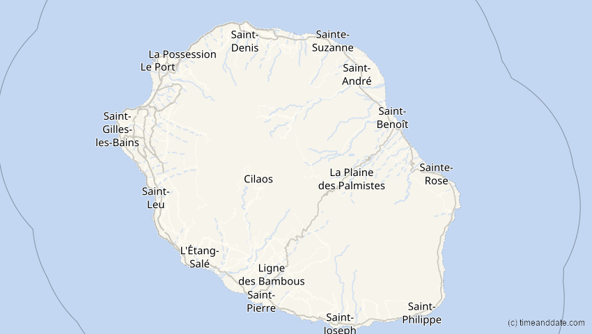 A map of Réunion, showing the path of the 9. Mär 2054 Partielle Sonnenfinsternis
