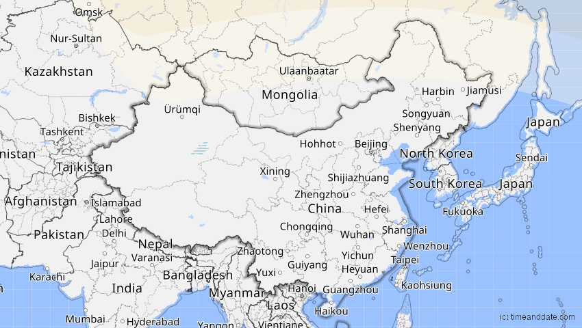 A map of China, showing the path of the 2. Sep 2054 Partielle Sonnenfinsternis
