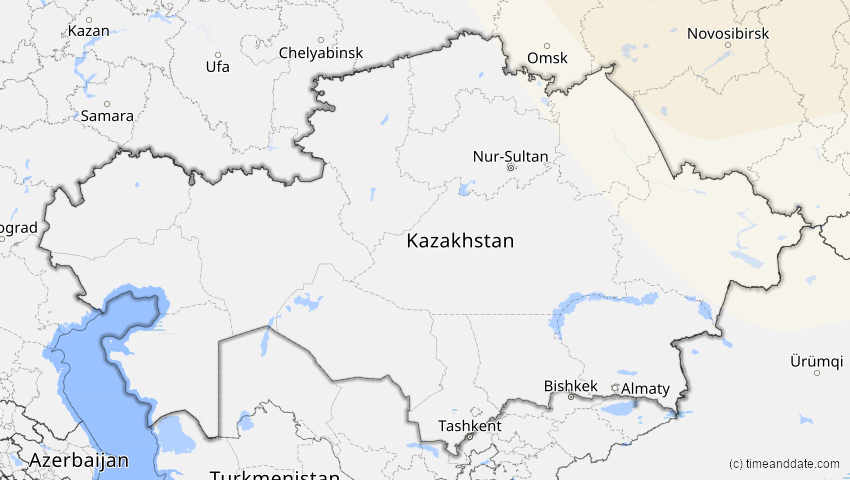 A map of Kasachstan, showing the path of the 2. Sep 2054 Partielle Sonnenfinsternis
