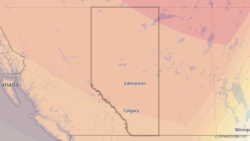 A map of Alberta, Kanada, showing the path of the 1. Sep 2054 Partielle Sonnenfinsternis