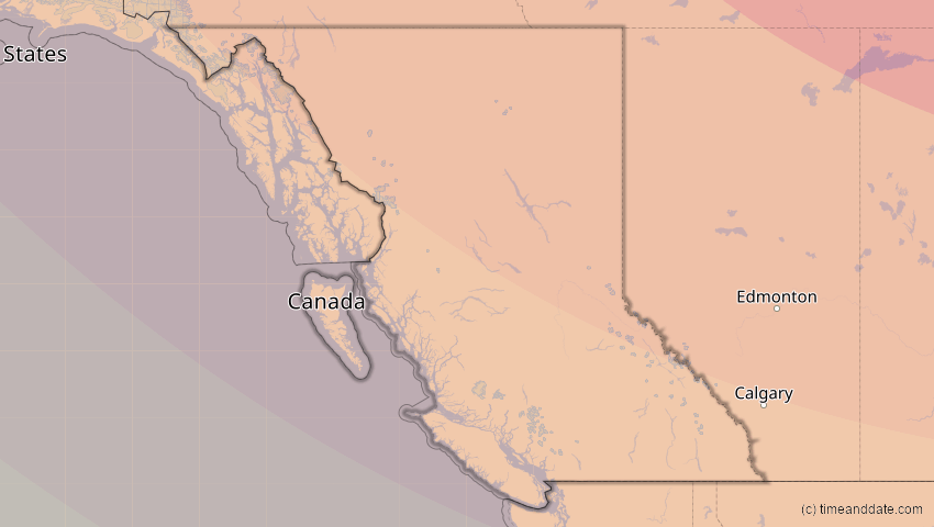 A map of British Columbia, Kanada, showing the path of the 1. Sep 2054 Partielle Sonnenfinsternis