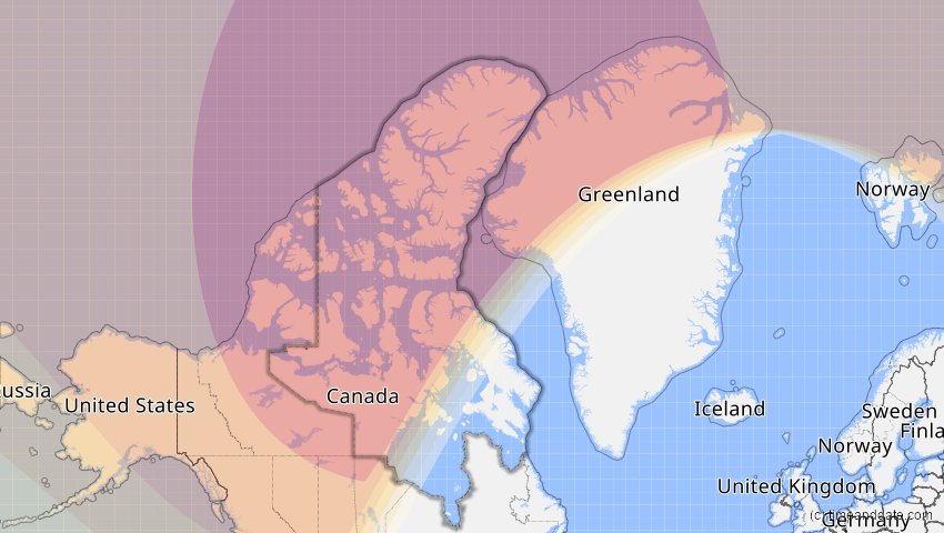 A map of Nunavut, Kanada, showing the path of the 1. Sep 2054 Partielle Sonnenfinsternis