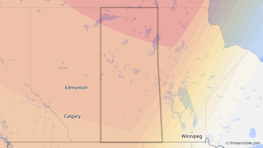 A map of Saskatchewan, Kanada, showing the path of the 1. Sep 2054 Partielle Sonnenfinsternis