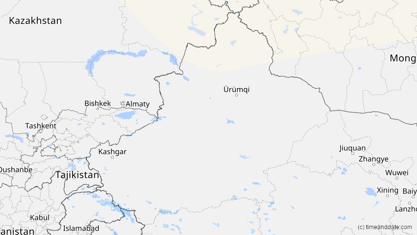 A map of Xinjiang, China, showing the path of the 2. Sep 2054 Partielle Sonnenfinsternis