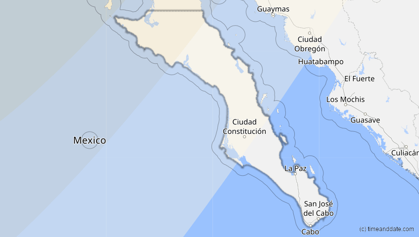 A map of Baja California Sur, Mexiko, showing the path of the 1. Sep 2054 Partielle Sonnenfinsternis