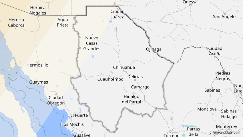 A map of Chihuahua, Mexiko, showing the path of the 1. Sep 2054 Partielle Sonnenfinsternis