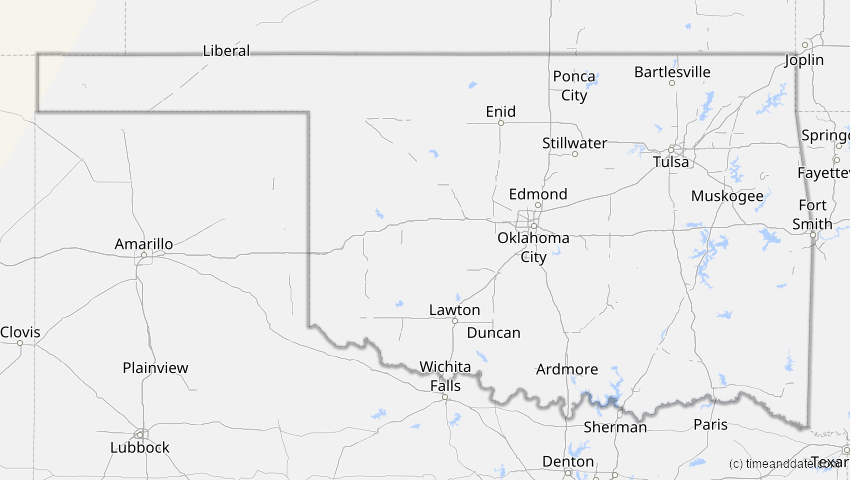 A map of Oklahoma, USA, showing the path of the 1. Sep 2054 Partielle Sonnenfinsternis