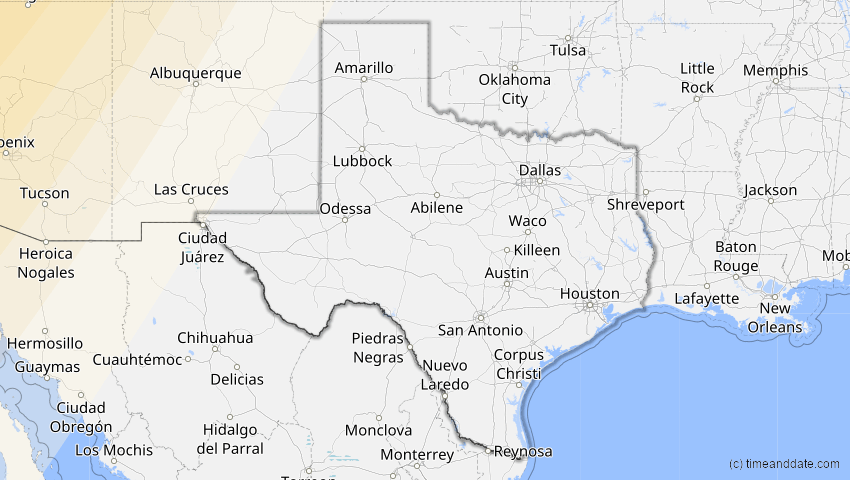 A map of Texas, USA, showing the path of the 1. Sep 2054 Partielle Sonnenfinsternis