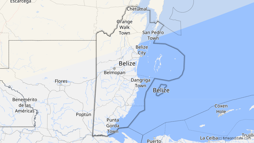 A map of Belize, showing the path of the 27. Jan 2055 Partielle Sonnenfinsternis