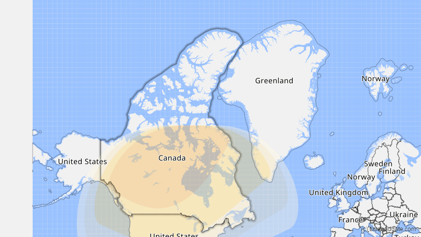 A map of Kanada, showing the path of the 27. Jan 2055 Partielle Sonnenfinsternis