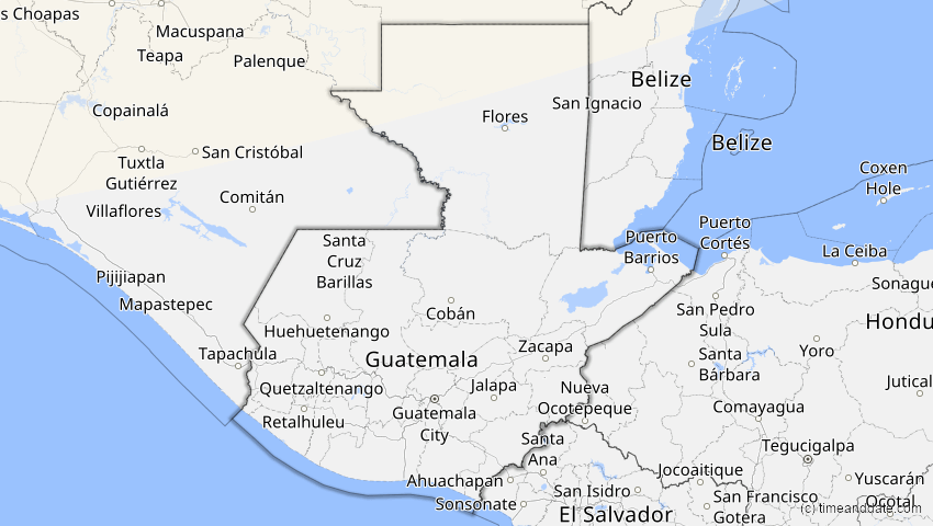 A map of Guatemala, showing the path of the 27. Jan 2055 Partielle Sonnenfinsternis