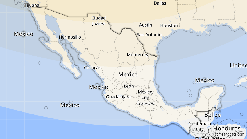 A map of Mexiko, showing the path of the 27. Jan 2055 Partielle Sonnenfinsternis