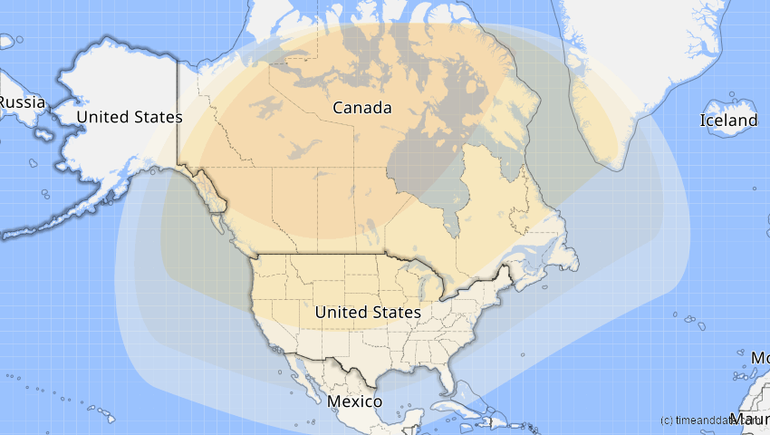A map of USA, showing the path of the 27. Jan 2055 Partielle Sonnenfinsternis