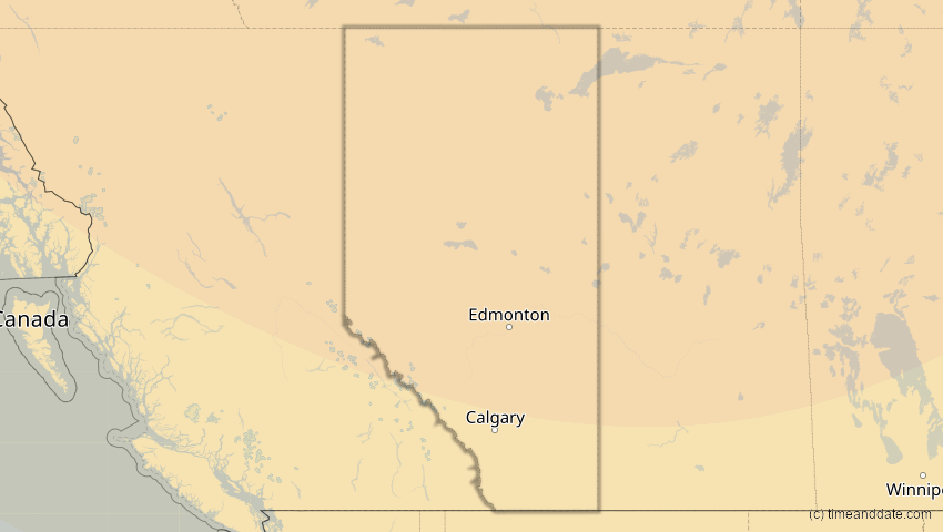 A map of Alberta, Kanada, showing the path of the 27. Jan 2055 Partielle Sonnenfinsternis