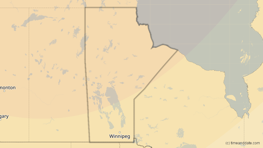 A map of Manitoba, Kanada, showing the path of the 27. Jan 2055 Partielle Sonnenfinsternis
