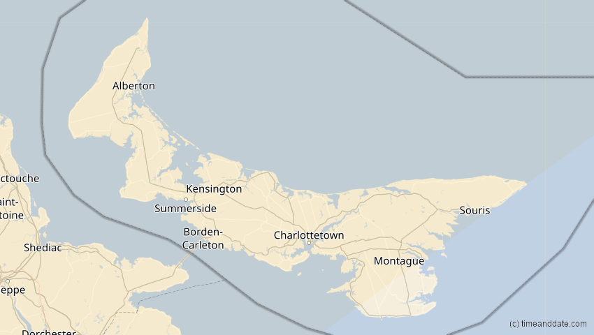 A map of Prince Edward Island, Kanada, showing the path of the 27. Jan 2055 Partielle Sonnenfinsternis