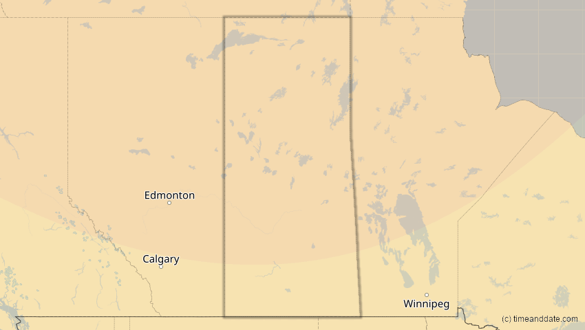 A map of Saskatchewan, Kanada, showing the path of the 27. Jan 2055 Partielle Sonnenfinsternis