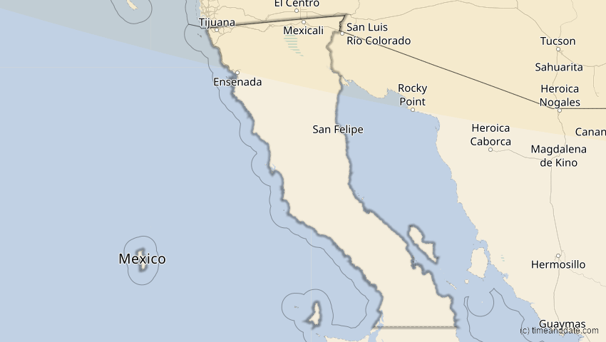 A map of Baja California, Mexiko, showing the path of the 27. Jan 2055 Partielle Sonnenfinsternis