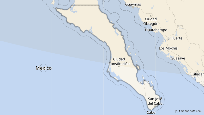 A map of Baja California Sur, Mexiko, showing the path of the 27. Jan 2055 Partielle Sonnenfinsternis