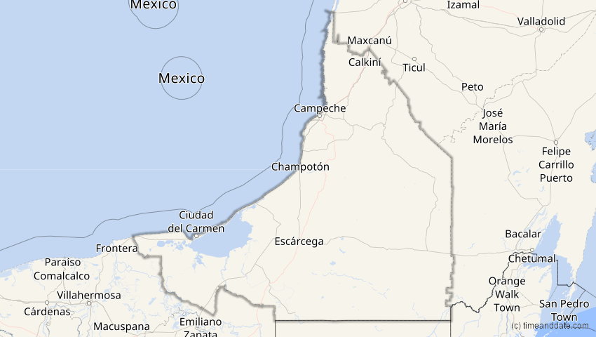 A map of Campeche, Mexiko, showing the path of the 27. Jan 2055 Partielle Sonnenfinsternis