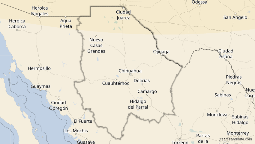 A map of Chihuahua, Mexiko, showing the path of the 27. Jan 2055 Partielle Sonnenfinsternis