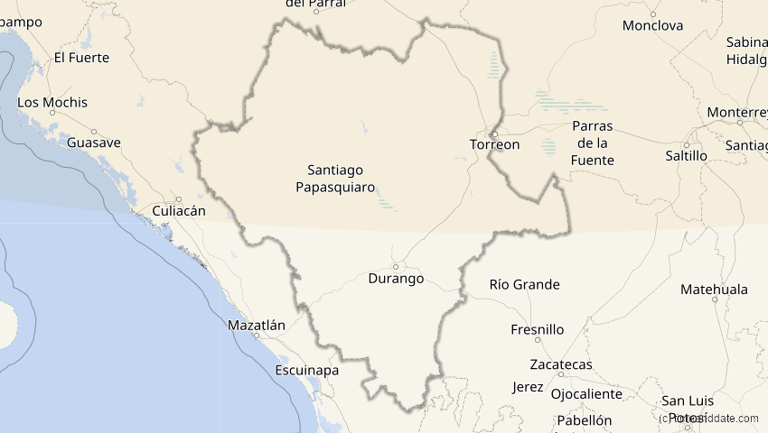 A map of Durango, Mexiko, showing the path of the 27. Jan 2055 Partielle Sonnenfinsternis