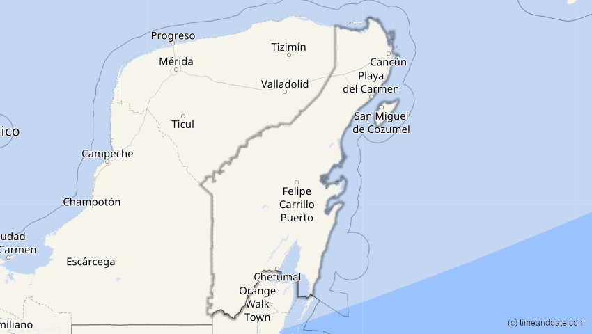 A map of Quintana Roo, Mexiko, showing the path of the 27. Jan 2055 Partielle Sonnenfinsternis