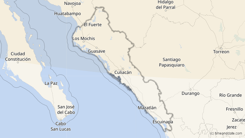 A map of Sinaloa, Mexiko, showing the path of the 27. Jan 2055 Partielle Sonnenfinsternis