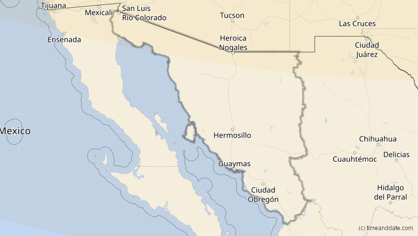 A map of Sonora, Mexiko, showing the path of the 27. Jan 2055 Partielle Sonnenfinsternis