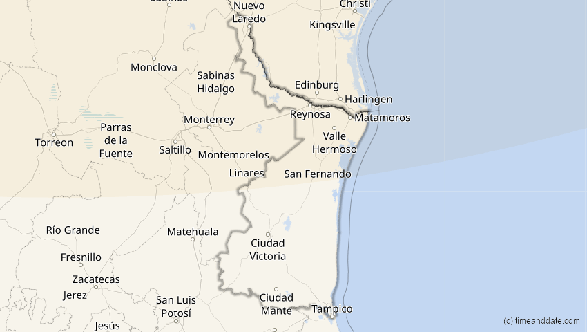 A map of Tamaulipas, Mexiko, showing the path of the 27. Jan 2055 Partielle Sonnenfinsternis