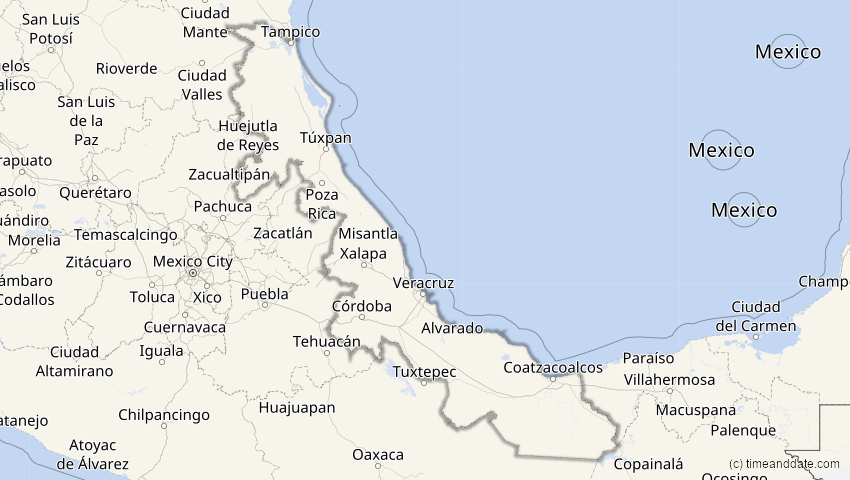 A map of Veracruz, Mexiko, showing the path of the 27. Jan 2055 Partielle Sonnenfinsternis