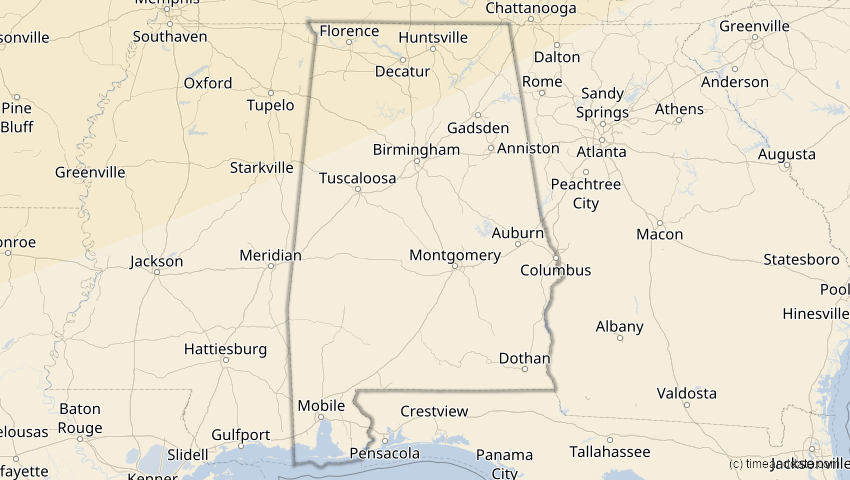 A map of Alabama, USA, showing the path of the 27. Jan 2055 Partielle Sonnenfinsternis