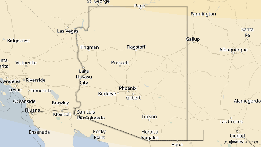 A map of Arizona, USA, showing the path of the 27. Jan 2055 Partielle Sonnenfinsternis