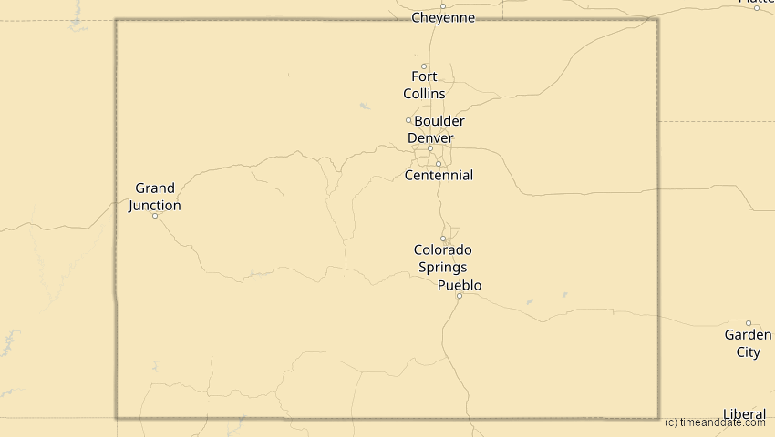 A map of Colorado, USA, showing the path of the 27. Jan 2055 Partielle Sonnenfinsternis