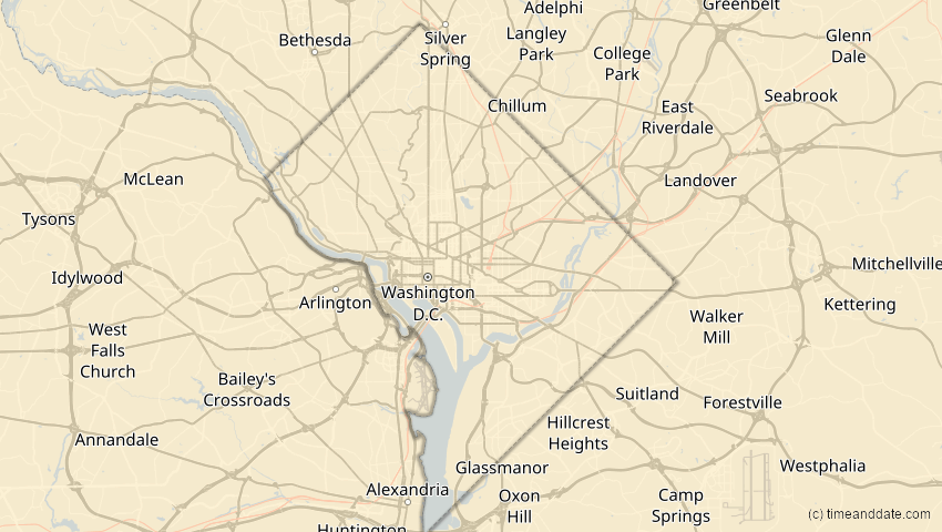 A map of District of Columbia, USA, showing the path of the 27. Jan 2055 Partielle Sonnenfinsternis