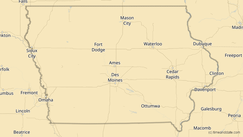 A map of Iowa, USA, showing the path of the 27. Jan 2055 Partielle Sonnenfinsternis